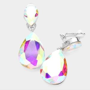 Silver Dangle Crystal Clip On Earrings 1.75 Inch Cute Teardrop Statement Jewelry